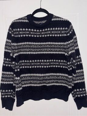 Saks Fifth Avenue Black and Gray Fair Isle Crewneck Sweater